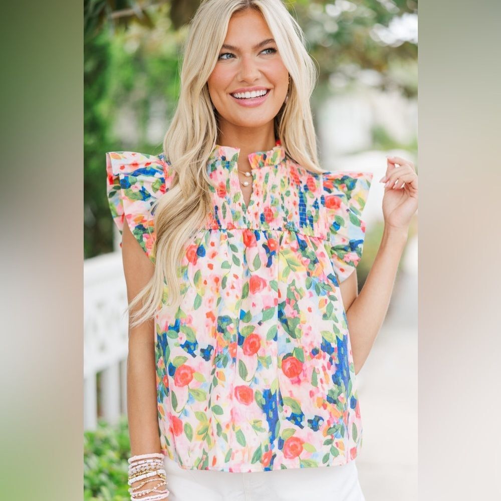TCEC Multicolor Floral Blouse with Ruffle Sleeves Large